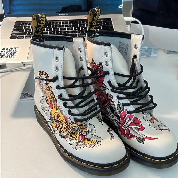 Dr. Martens Shoes - Dr. Martens Grez 1460 tattoo collab  White Boots with Black Laces wom 9 men 8